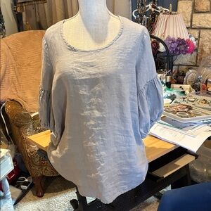 bryn Walker Light Gray Blouse with Puff Sleeves